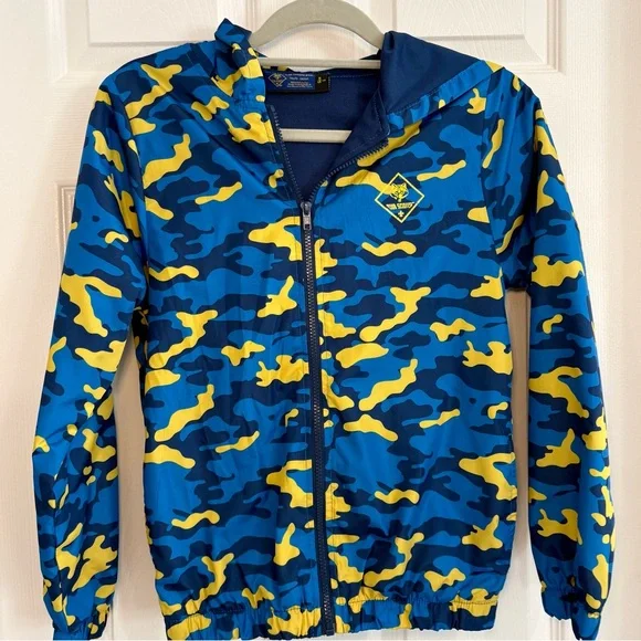 Cub Scout BSA Scouting Blue Gold Camo Hooded Windbreaker Jacket Coat Youth Sz L - Picture 5 of 14